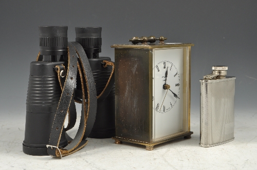 Modern carriage clock, quartz movement, 14cms, a pair of binoculars, gent`s jewellery, etc.