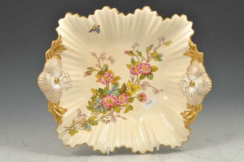 Coalport dessert dish, decorated with a rose spray, moulded scallop handles, width 25cms.