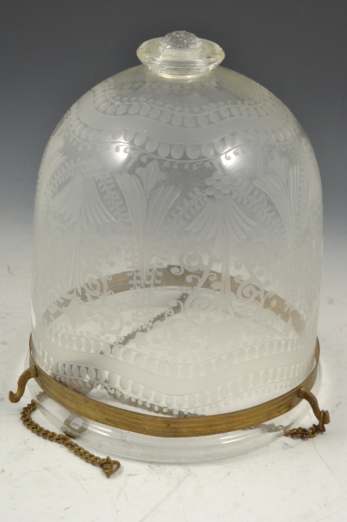 Pair of glass lanterns, wheel engraved decoration with raspberry prunts, 28cms, with smoke shades.