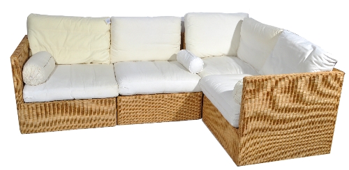 Woven cane four-piece corner lounge unit, by Habitat, cotton loose cushions.