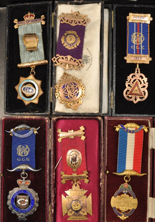 Royal Antediluvian Order of Buffalos, four 9ct gold medals, together with two other medals, (6).
