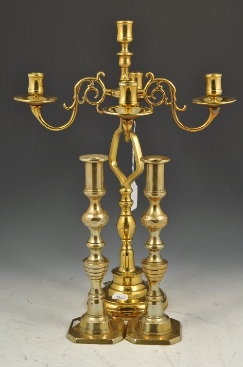 Dutch style brass five-light candelabra, domed circular base, 45cms and a pair of brass