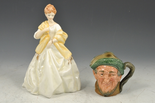 Royal Worcester figure, "First Dance", No. 3629, 19cms and three Royal Doulton character jugs, "Auld