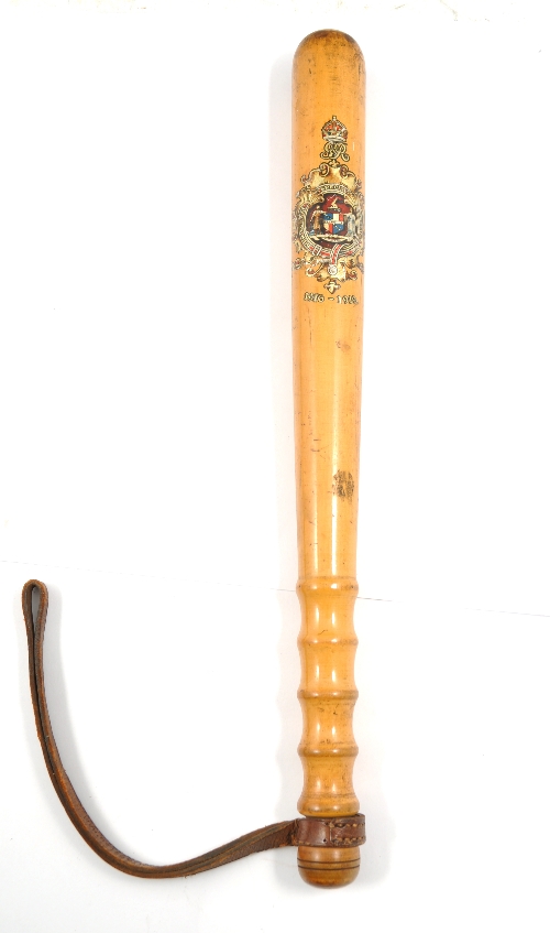 Hardwood truncheon, printed Birmingham Special Constabulary 1916/1919 and variously branded, 40cms.