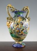 An Italian maiolica two handled vase, by Cantagalli, late 19th century, painted in the Urbino