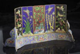 A Chinese cloisonne enamel miniature table screen, early 20th century, with five fold hinged