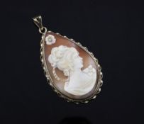 A 1970`s 9ct gold mounted teardrop shaped cameo pendant, carved with a bust of a lady to sinister,