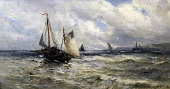 Gustav de Breanski (c.1856-1898)oil on canvas,Fishing boats off the coast,signed,12 x 20in.