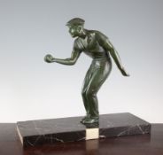 Attributed to Rudens. A bronzed spelter figure of a boules player, on marble plinth, 13in.