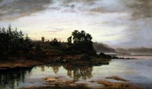 James C. Harris (1831-1904)oil on canvas,Penrhyn Castle at sunset,signed and dated 1895,18 x 30in.