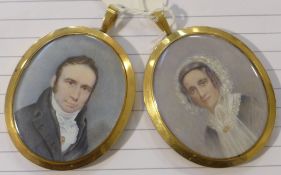 Victorian Schoolpair of oils on ivory,Miniatures of a husband and wife,2 x 1.75in.