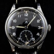 A gentleman`s 1940`s stainless steel military IWC manual wind wrist watch, with black Arabic dial