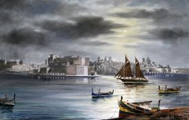 Joseph Galea (1904-1985)oil on canvas,Valetta harbour, Malta,signed and dated `72,20 x 30in.