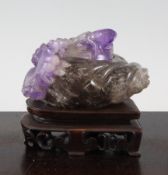 A Chinese amethyst quartz water pot and cover, 20th century, carved as a shell crab and frog, 4.3in.