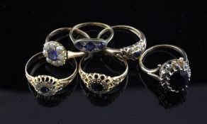 A 1920`s 18ct gold, sapphire and diamond set dress ring and five other gem set rings, two 18ct gold,