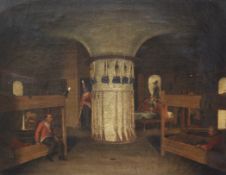 Early 19th century English Schooloil on canvas,Interior of a redoubt with soldiers at rest,14 x