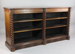 A Victorian rosewood dwarf open bookcase, fitted four adjustable shelves with barley twist columns