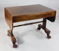 A Regency rosewood and satinwood banded sofa table, fitted two frieze drawers, one stamped