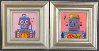 Raymond Campbell (20th C.)pair of oils on board,Tick Tock Bot and Gear Robot,signed,4.25 x 4.25in.