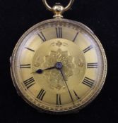 A Victorian 18ct gold keywind lever pocket watch by Samuel Bastely?, London, with decorated yellow