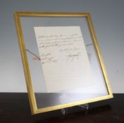 The Prince Regent, George Augustus Frederick. A signed handwritten letter to Lord Eldon, signed