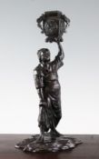 A large Japanese bronze figure of a man holding aloft a censer, Meiji period, his robes with