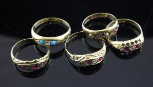 Five late 19th/early 20th century 18ct gold gem set dress rings, ruby & diamond (3), turquoise &