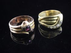 Two Edwardian gold serpent rings set with garnet or diamonds, one unmarked, one 9ct gold, sizes