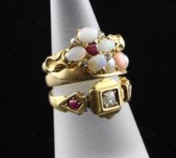 Three Victorian gold and gem set dress rings, 18ct gold ruby and diamond, 18ct gold coral and