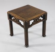 A 19th century Chinese hardwood occasional table, with square top, 1ft 4in.