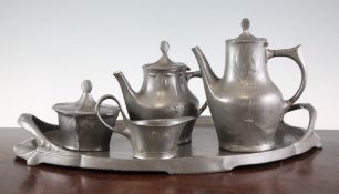 A Hugo Leven for Kayserzinn four-piece teaset, no.4402, together with a similar Kayserzinn two