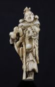 A Japanese bone netsuke of an old man carrying a woman upon his back, two character signature, later