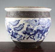 A Chinese blue and white jardiniere, early 20th century, the central band decorated with a battle