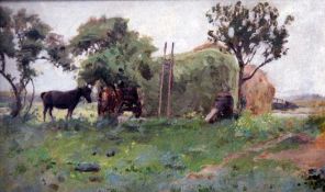 Percy Tarrant (1879-1930)oil on wooden panel,Horses beside a haystack,5.5 x 9in.