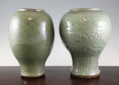 Two Chinese Longquan celadon cut down vases, 15th / 16th century, the first incised with flower