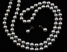 A single strand Tahitian cultured pearl necklace with 9ct gold fluted clasp and a pair of matching