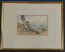 Thomas Maisey (fl.1818-1840)watercolour,Rustics in a landscapeAnchard Fine Arts label verso,6.25 x
