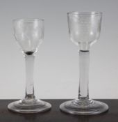 Two plain stem wine glasses, c.1770, the first with ogee bowl engraved with fruiting vines and a