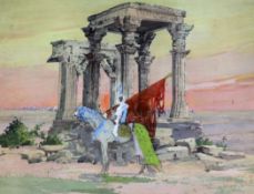 Manuel Orazi (French, 1860-1934)gouache,Mounted warrior beside a ruined temple,signed in pencil,15 x
