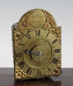 J.N. Vokins, New Town. A brass wall alarum timepiece, with arched 4.5 inch brass dial, pendulum