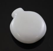 A Chinese white jade moon shaped snuff bottle, the stone of good even tone, 2.1in. (5.4cm)