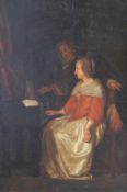 19th century English Schooloil on wooden panel,Interior with lady at a harpsichord,14 x 9.5in.