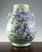 A large Chinese Hu shaped blue and white celadon ground vase, painted with the Baxian (Eight