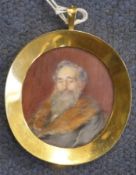 Late 19th century English Schooloil on ivory,Miniature of a gentleman wearing a fox fur collared