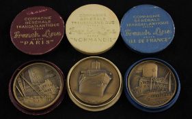 Three Compagnie Generale Transatlantique French Line ocean liner medallions, for Normandie, Ile de