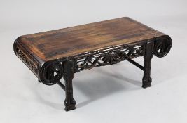 An early 20th century Chinese hardwood altar table, with bamboo carved frieze, 2ft 9in. H.1ft .5in.