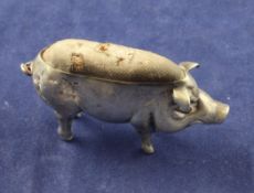 An Edwardian novelty silver pin cushion, modelled as a pig, Adie & Lovekin Ltd, Birmingham, 1907,