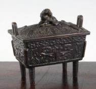 A Chinese bronze fang-ding shaped censer and cover, probably 17th / 18th century, cast in low relief