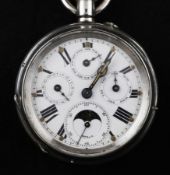 An early 20th century Swiss 935 standard silver calendar moonphase keyless pocket watch, with engine