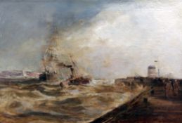 Frank Wasley (1848-1934)oil on canvas,Paddlesteamer and sailing ship entering harbour,signed,20 x